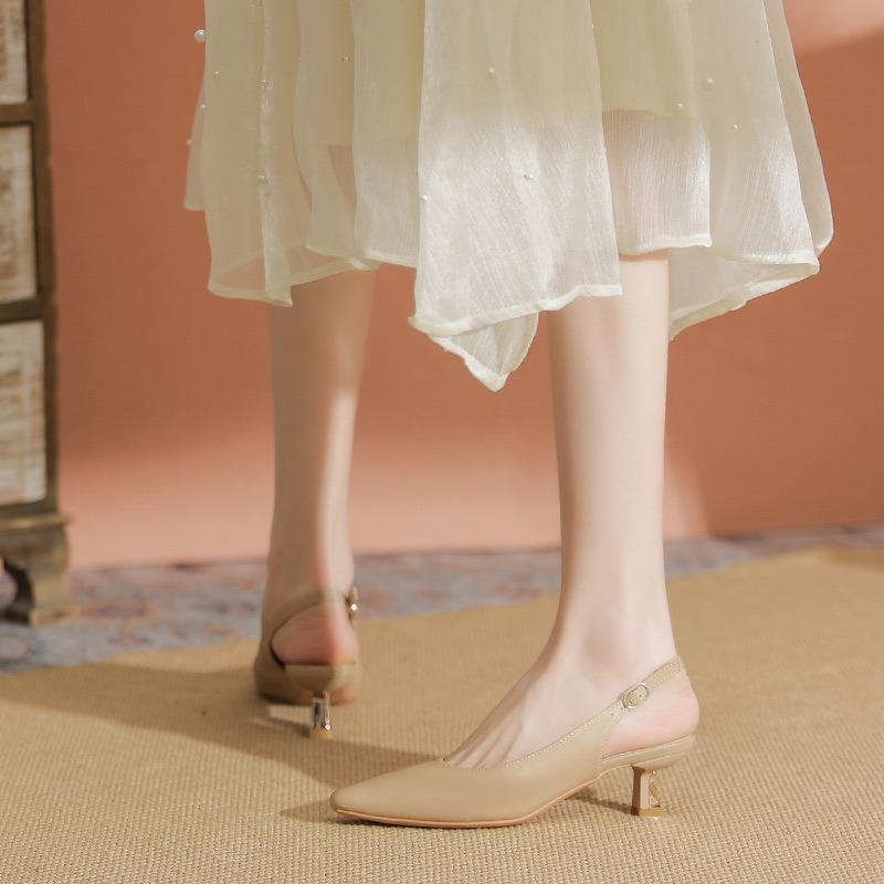 Leather small square head stiletto high heels single shoes spring and summer new bag head half drag sandals women