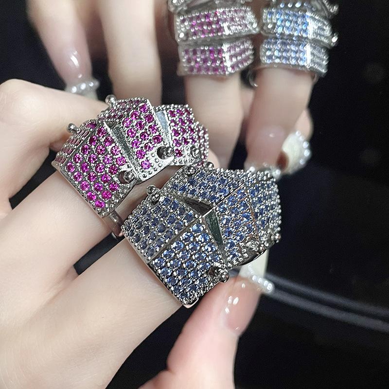 Niche Personality Micro-Inlaid Zircon Four-Section Full Diamond Armor Saturn Open Ring Light Luxury High-End Couple Ring Woman