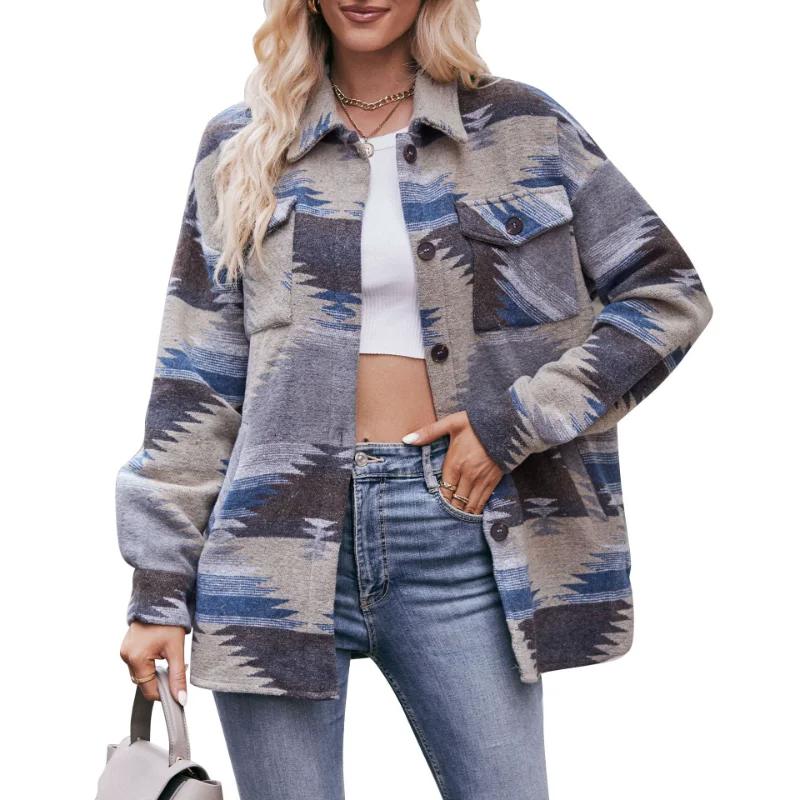 Women's Clothing 2023 Autumn and Winter New AZTEC Geometric Jacket Shirt Lapel Woolen