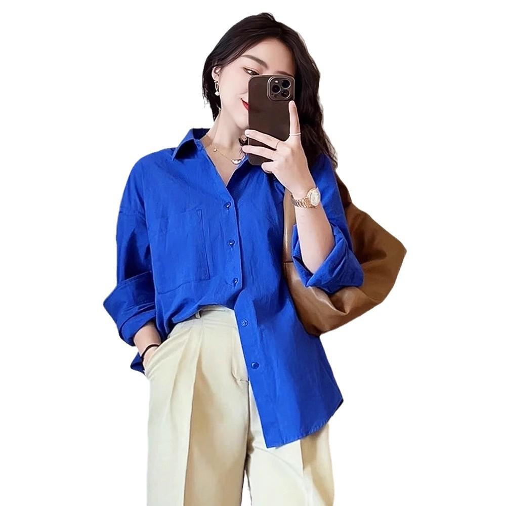 Camicia blu di lino da donna a maniche lunghe nuova casual larga bella camicetta bella sottile top alla moda bello