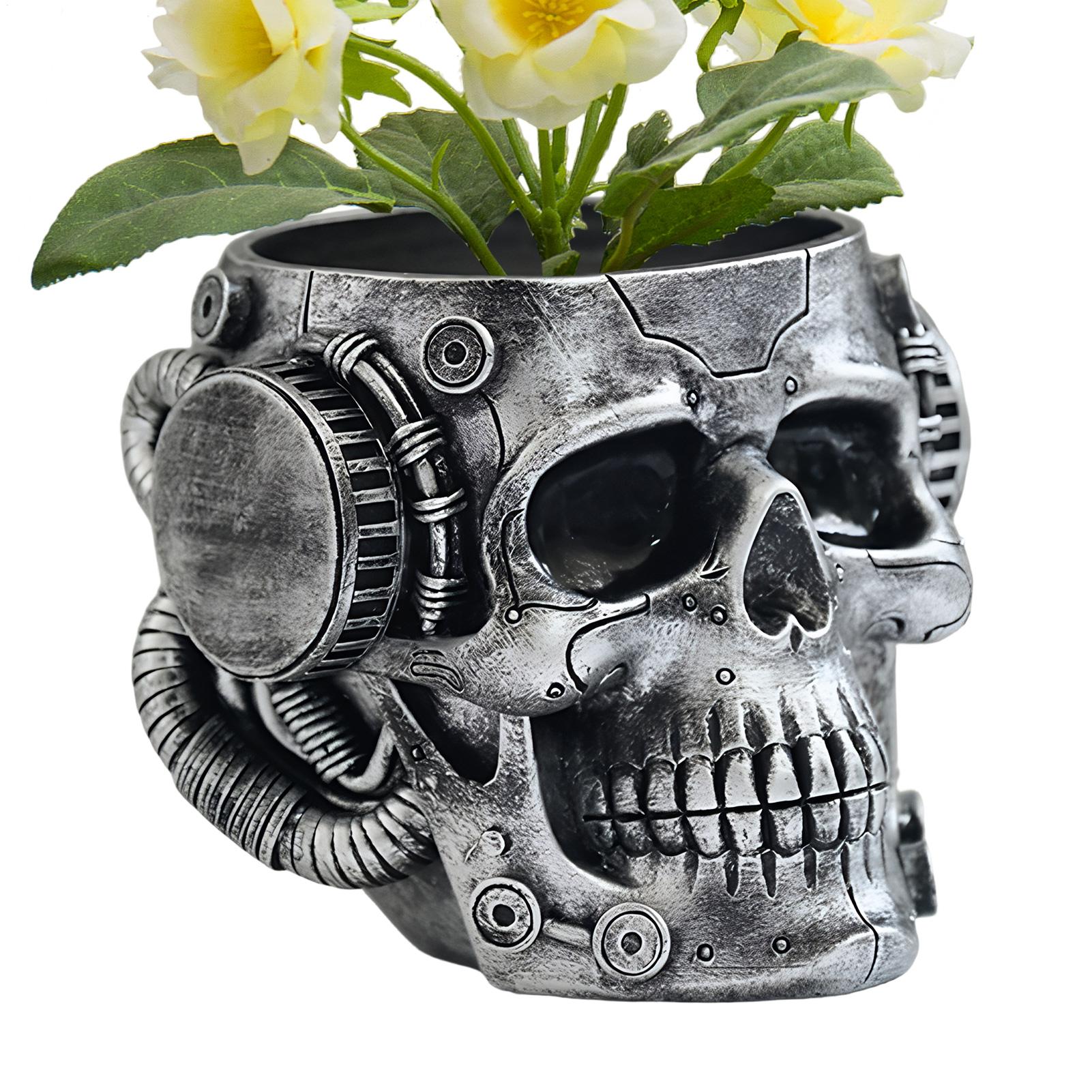 Imitation Metal Skull Flowerpot punk Skull Decorative Flower Pot Spooky Gothic Display Pen Holder Resin Skull Head Planter China Mainland