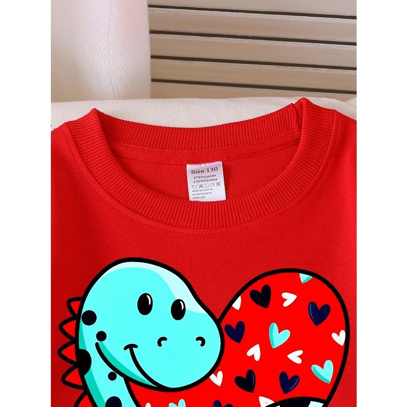 European sizes Girls' Soft Crewneck Sweatshirt with Heart Pattern Dinosaur Cartoon, Casual All-Match for Fall Winter, Ideal Present.