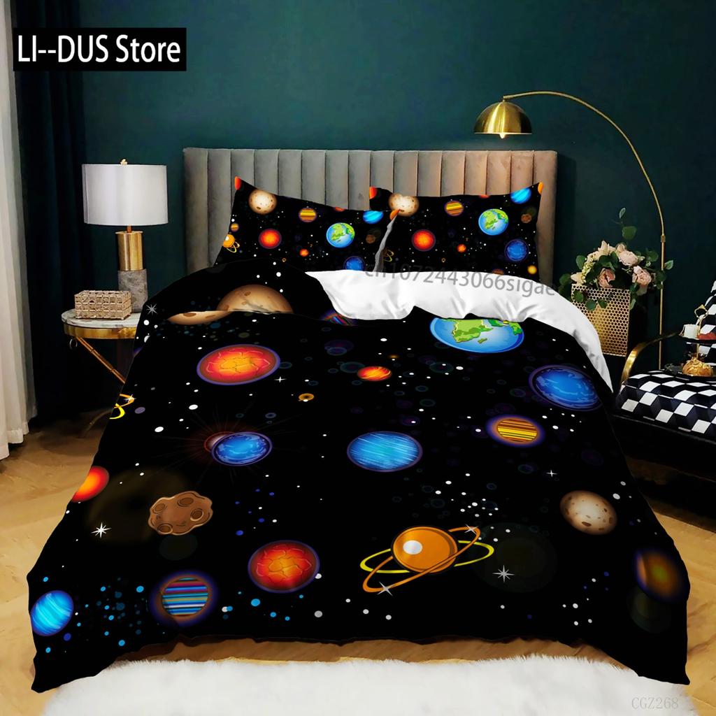 Bettbezug mit Raumschiffen für Jungen und Kinder, Astronomie-Bettwäscheset aus Mikrofaser, Weltraum-Abenteuer, farbenfroher Raumschiff-Bettbezug für Kingsize-Bett