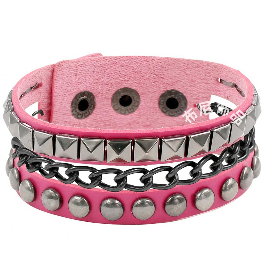 PU Leather European and American Punk Bracelet Dark Black Square Rivet Bracelet Non-mainstream Iron Chain Multi-layer Bracelet