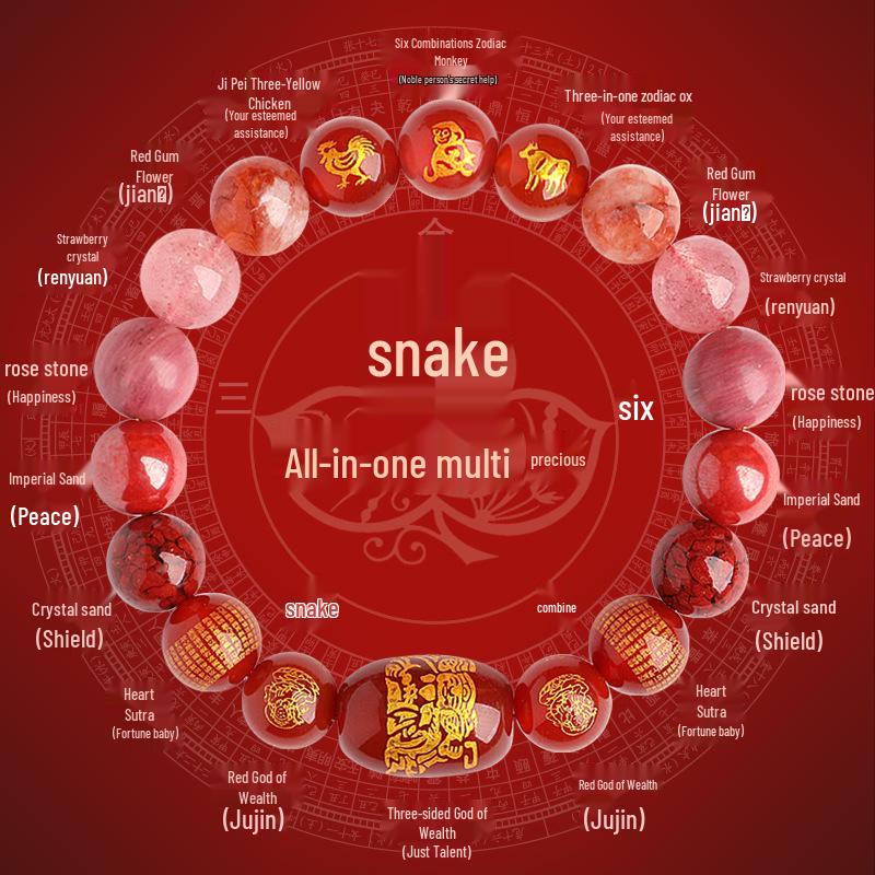 2025 Year of the Snake Crystal Cinnabar Bracelet - Tai Sui, Wealth God & Heart Sutra Charm for Men and Women