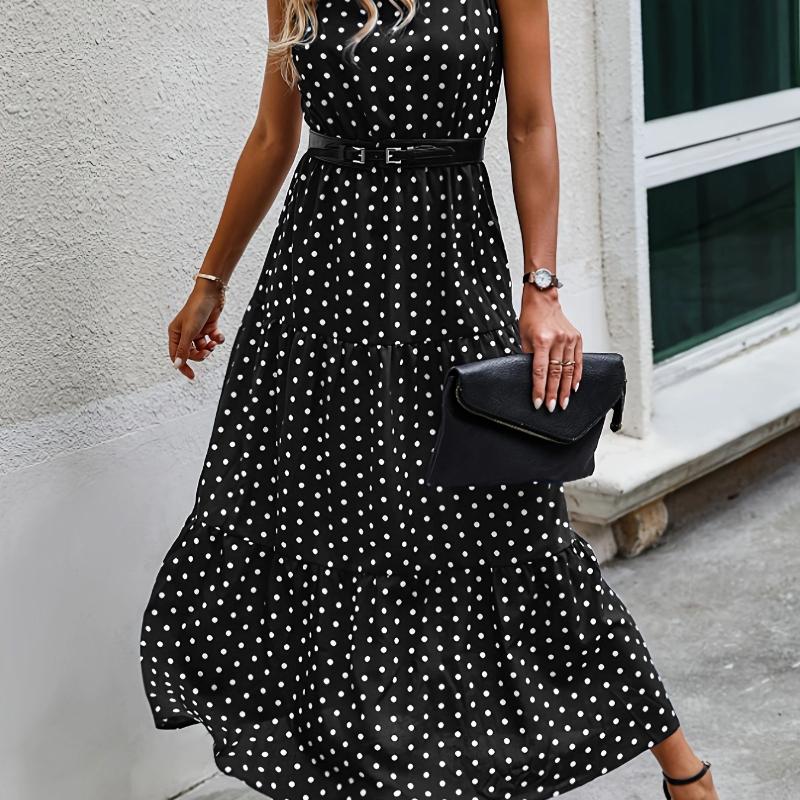 New Elegant Women's Polka Dot Sleeveless Long Dress Round Neck Layered Ruffle Flowing Long Dress High Waist Summer Vacation Casual Beach Dress
