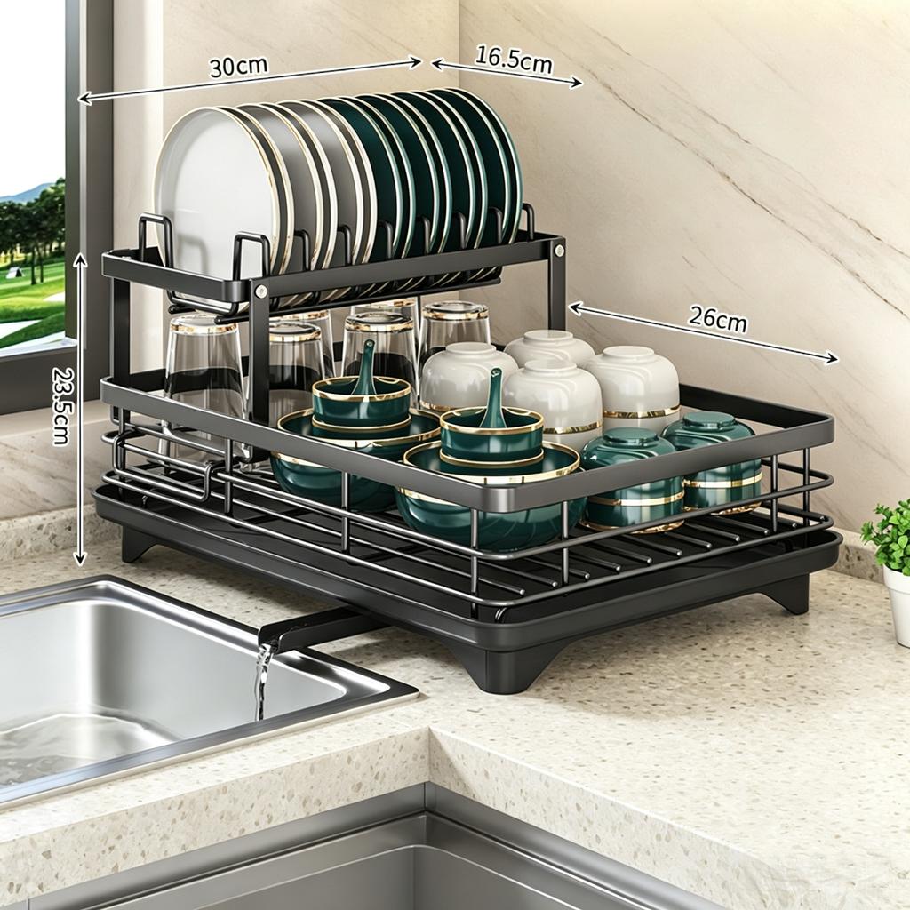 Extendable 1-Tier Metal Dish Drying Rack, Large Capacity Utensil Holder with Drain Board for Kitchen Counter
