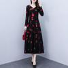 Spring & Fall V-Neck A-Line Dress for Middle-aged Women: Mid-length, Printed, Waist-cinching, Wide Hem