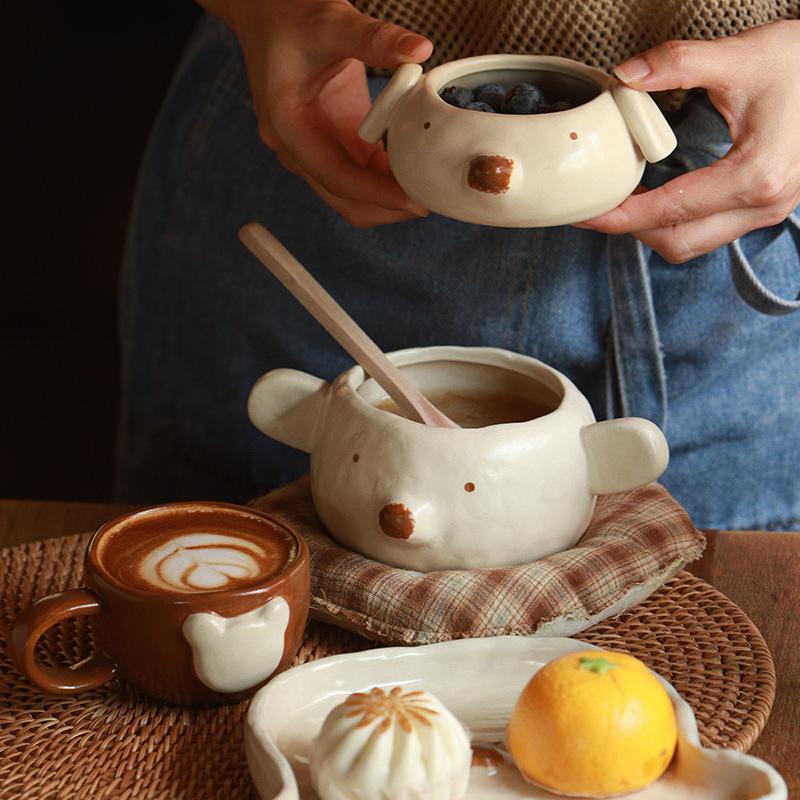 Cute Bear Tableware Set, Household Cream Wind Ceramic Underglaze Color, One Person Eating, Hand-Squeezed Tableware, Breakfast Plate