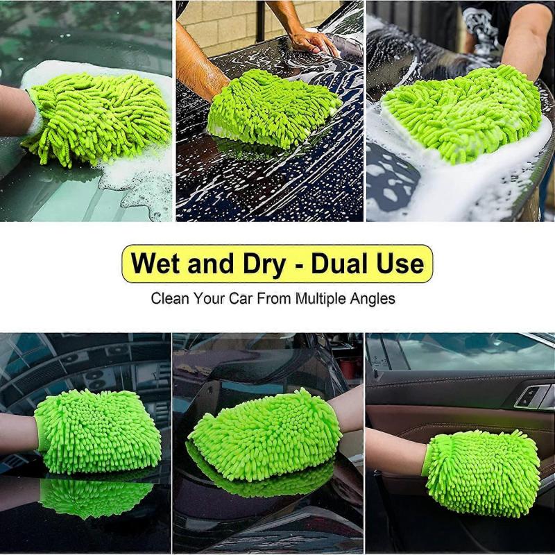 Car Wash Mitt 2 Pack - Large Size Microfiber Wash Mitt Car Cleaning Mitts Premium Chenille Car Washing Gloves Winter Waterproof Car Wash Rag Sponge Ki
