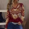 V-neck 3D Retro Ethnic Style Printed Top Fashionable Casual Long Sleeved Women's T-shirts