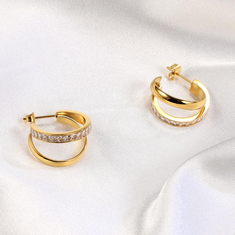 Titanium steel 18k gold with drill earrings, foreign trade stainless steel double ring full drill earrings direct sales