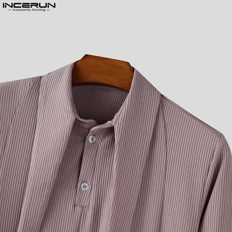 INCERUN Men Lapel Neck Long Sleeve Button Rib Texture Casual Tops T-shirts