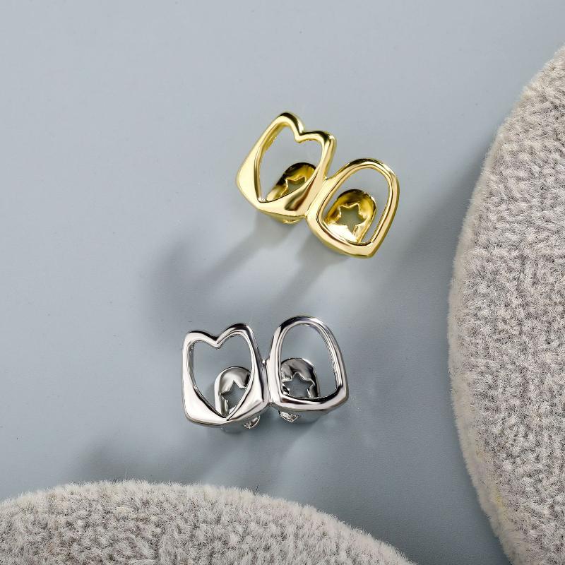 Hip Hop Double Hollow Heart Teeth Grillz Daily Gold Plated Tooth Caps For Women Men Jewelry Dental Grills