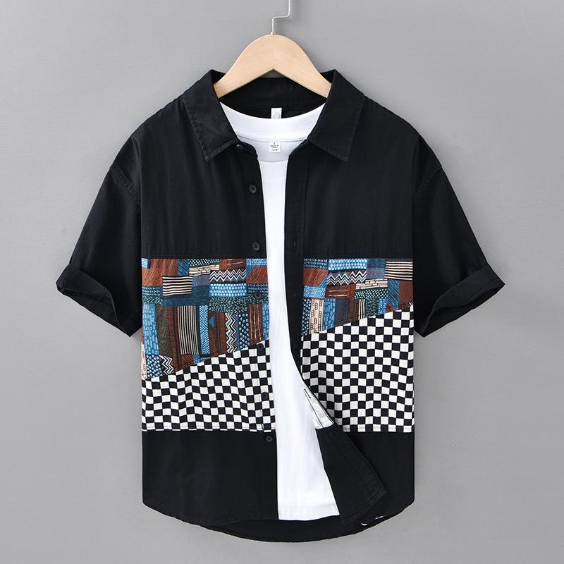 

Мужская летняя рубашка в японском стиле из хлопка в стиле пэчворк - с коротким рукавом, повседневная, модная и художественная M чёрный