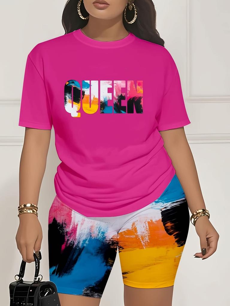 Color code European and American women's clothing painting printing T-shirt shorts set sports suit