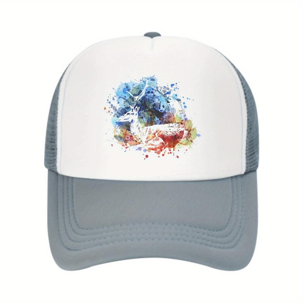 Watercolor Deer Graphic Print Mesh Back Trucker Hat Unisex Casual Adjustable Baseball Cap