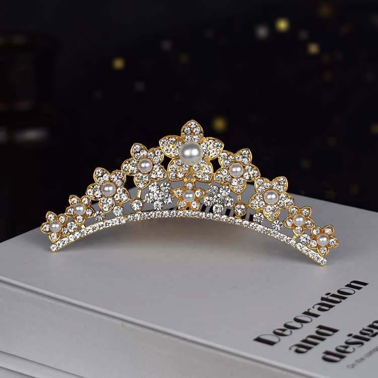 Gold Crown Rhinestone & Pearl Hair Comb for Children - Princess Bridal Accessory