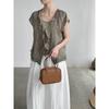 Taochuan 26 Summer Lotus Leaf Lace Fake Two-Piece Tie Short Shirt Women's V-Neck Lightweight Ramie Shirt T5130
