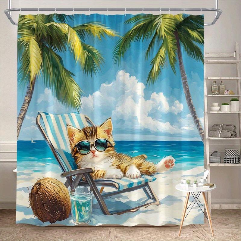 

Beach-Themed Kitten Shower Curtain - Cat In Sunglasses, Palm Trees & Coconuts, Tropical Style, Machine Washable Polyester W60H190(CM)-1 Pcs
