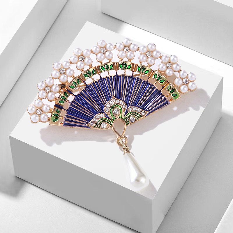 Lanhao Retro Chinese Bamboo Fan Brooch with Pearls & Rhinestones