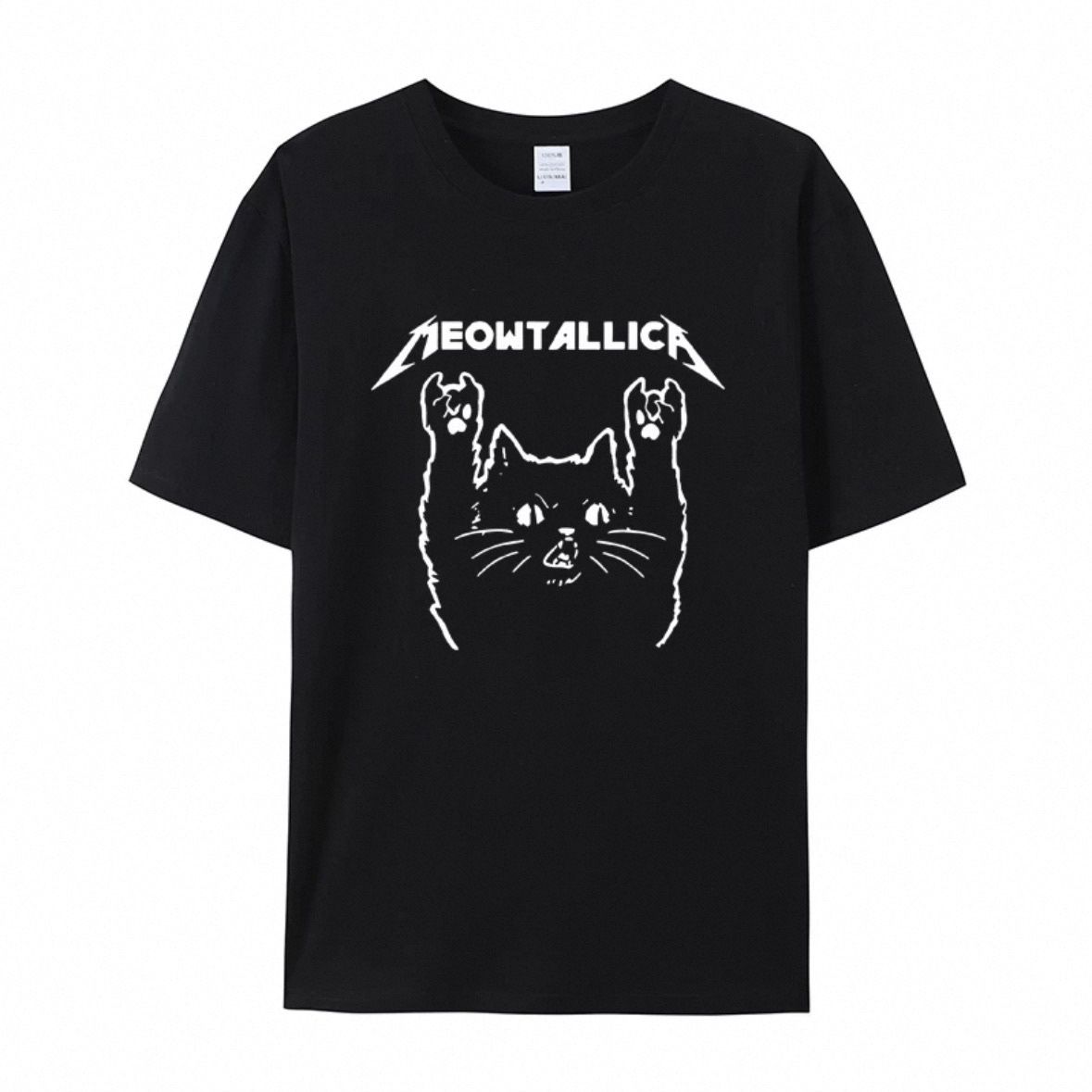 

Parody Metal Band Meowtallica Cat Cartoon Print Summer Pure Cotton Round-neck Pullover Men s and Women s Short-sleeved Cotton 4XL