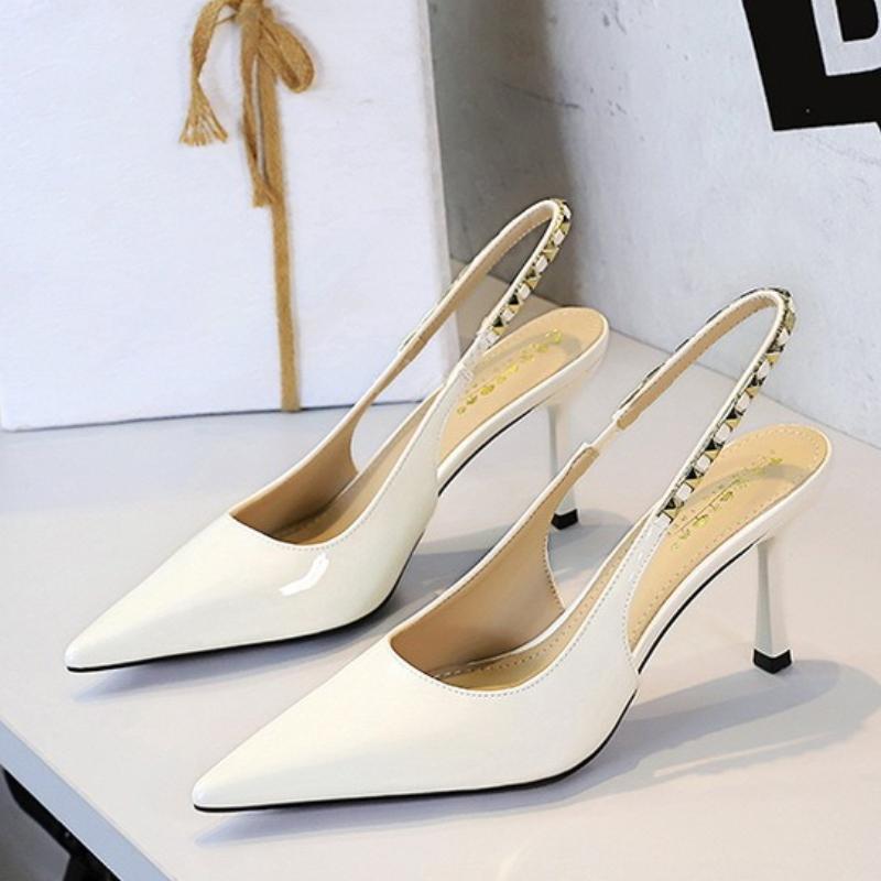 Fashion Women 10cm Rivet Strap Women Pumps Sexy High Heels Elegant Temperament Banquet Shoes Patent Leather Stilettos Pumps Ladies Shoes