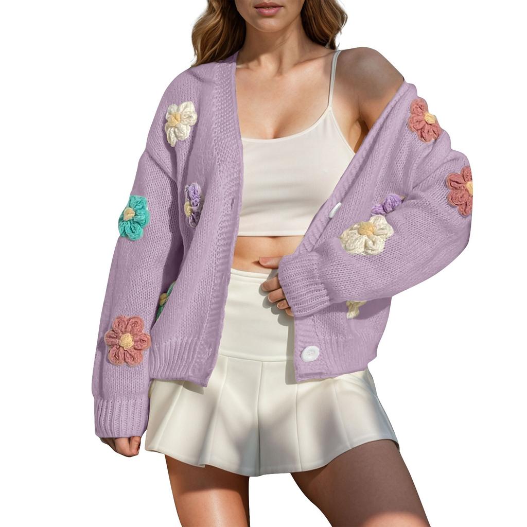 Floral Pattern Button Knit Cardigan - Cute Loose Fit Long Sleeve Sweater