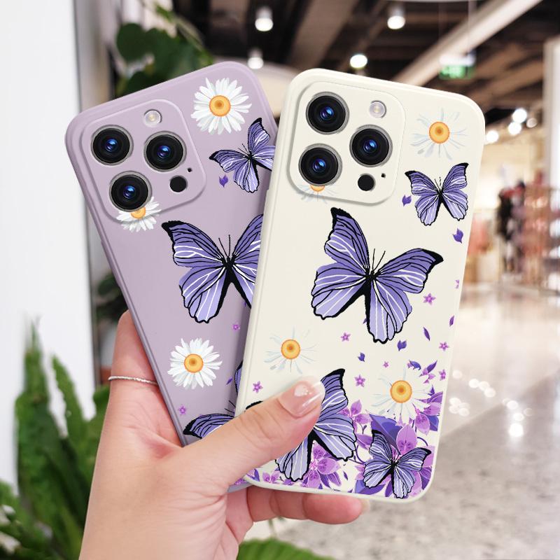 Butterfly Daisy Pattern Soft Liquid Silicone Fall Prevention Case Cover For iPhone 16 16e 15 Pro Max 14 Plus 13 12 11 X Xs Max 7 8 6 SE2 SE3
