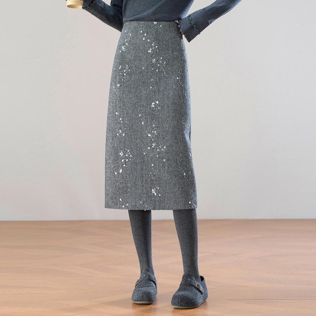 2025 Winter Elegant High-Waist Mid-Length Sequin Wool Slit Skirt for Women