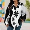 Women Plus Size Collared Neck Long Sleeve Black White Printed Button Front Curved Hem Shirt