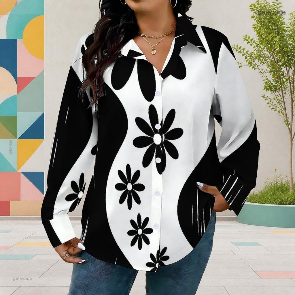 Women Plus Size Collared Neck Long Sleeve Black White Printed Button Front Curved Hem Shirt