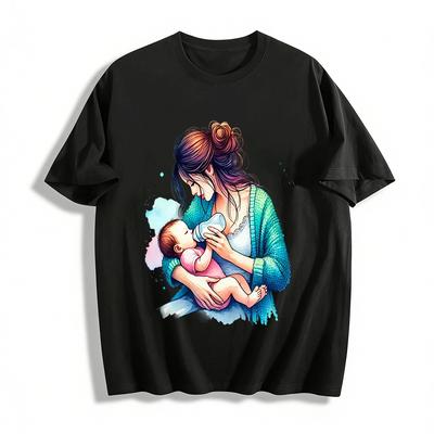 Mom Feeding Baby Print Casual Daily Wear Top Pure Cotton T-shirt