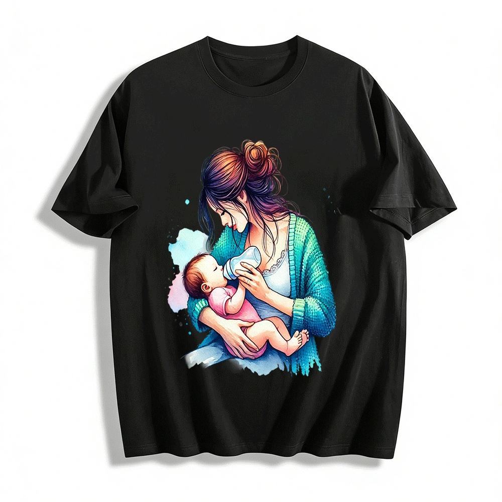 Mom Feeding Baby Print Casual Daily Wear Top Pure cotton T-shirt XXS