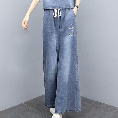 Women's Summer 2025 Denim Two-Piece Set: Wide-Leg Pants & Short-Sleeved Jacket, Plus Size, Slimming & Fashionable