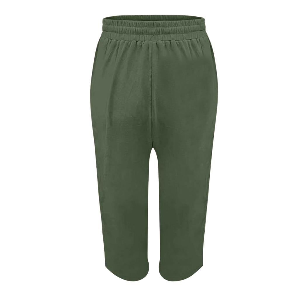 Women's Cotton And Linen Pocket Elastic Casual Pants Five Quarter Pants