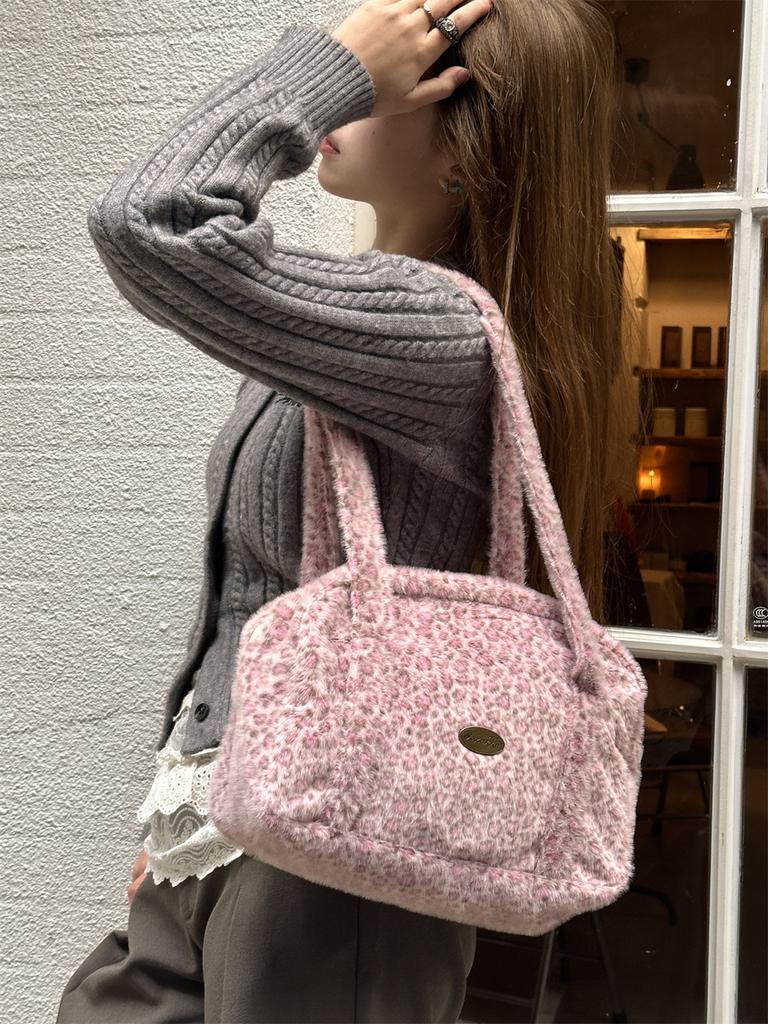 Gentle Light Color Leopard Print Plush Women's Shoulder Bags Lovely Large Capacity Ladies Handbag Casual Female Underarm Bags