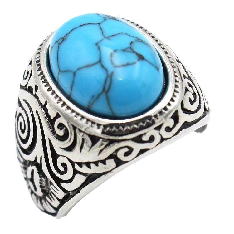Retro European and American Turquoise Pattern Alloy Men's Ring
