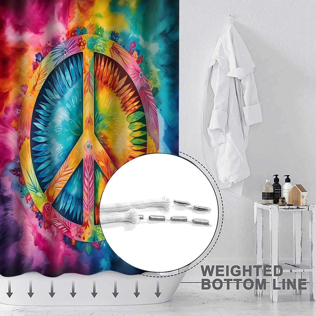 Peace Symbol Shower Curtain, 72x72 inch Polyester, Colorful Watercolor Tie Dye Hippie Peace Sign Bathroom Shower Curta Decor Set with 12 Hooks