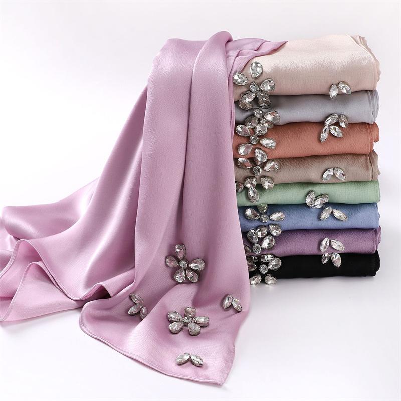Luxury Stitch Diamond Floral Bubble Chiffon Instant Hijab Shawls Lady High Quality Wrap Beach Bufandas Ramadan Muslim Sjaal