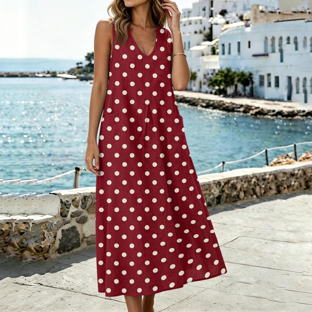 Women U Neck Sleeveless Pocket Split Hem Tank Dress Cotton Linen Casual Loose Fit Floral Print Midi Sundress