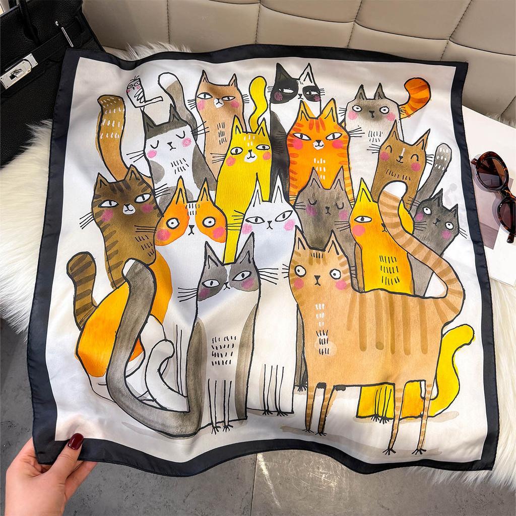 Lightweight Printed Small Square Scarf for Women, Cute Cat Floral Neck Warmer Windproof Bandana Hair Band Silk Scarf for Women
