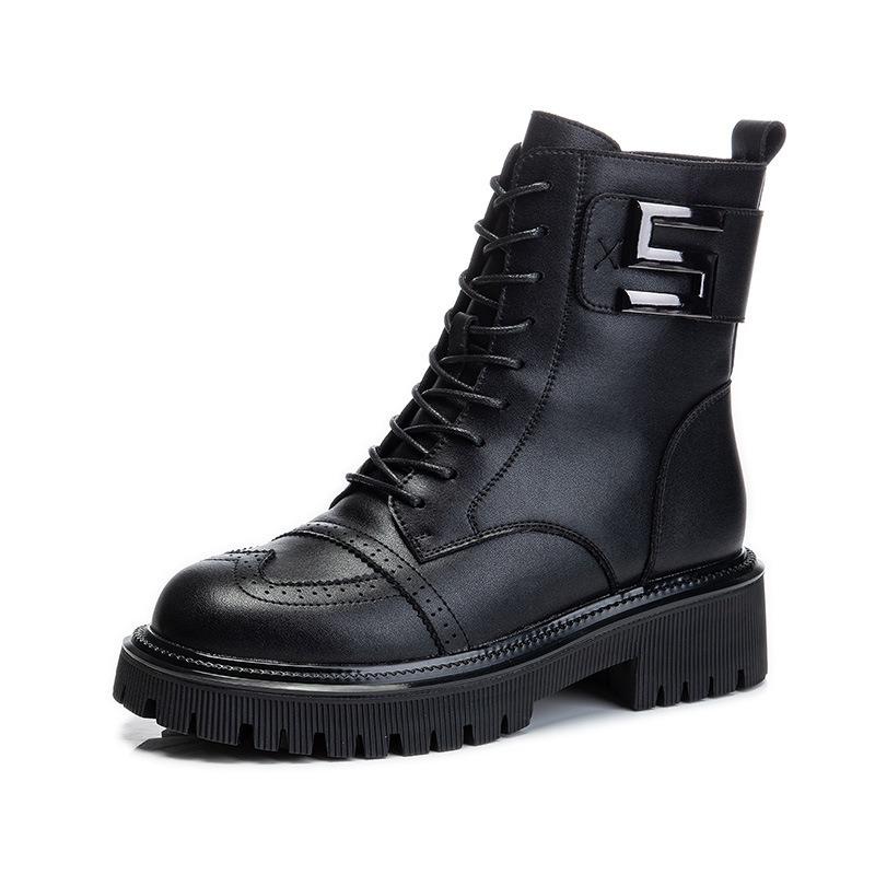 Autumn and winter new thick-soled medium-tube leather Martin boots women's velvet short boots thick-soled casual women's shoes