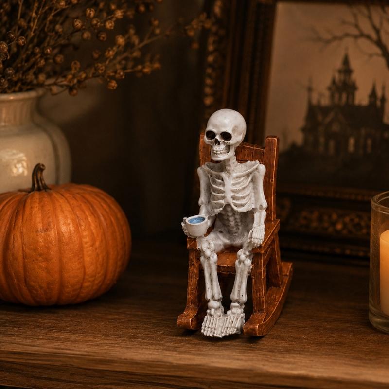 Halloween Rocking Chair Figure for Shelf Display and Room Styling, Skull Home Accent for Bookcase and Entry Placement