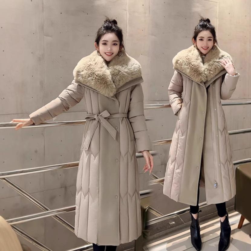 Winter new removable fur collar down cotton clothes women's waist warm jacket long Korean version coat