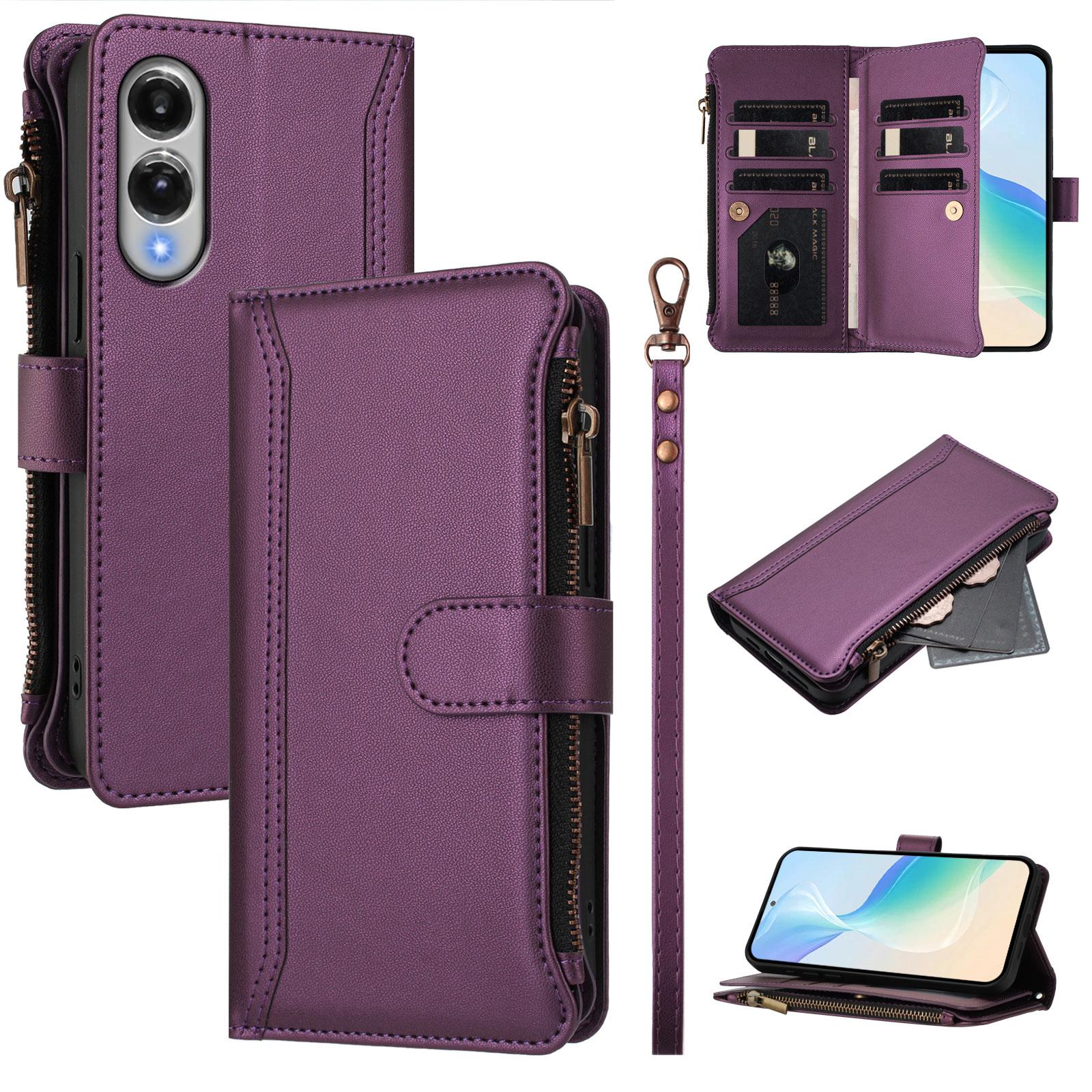 

For Samsung Galaxy S25 Edge Leather Case 9 Card Slots Zipper Wallet Stand Phone Cover with Wrist Strap Purple