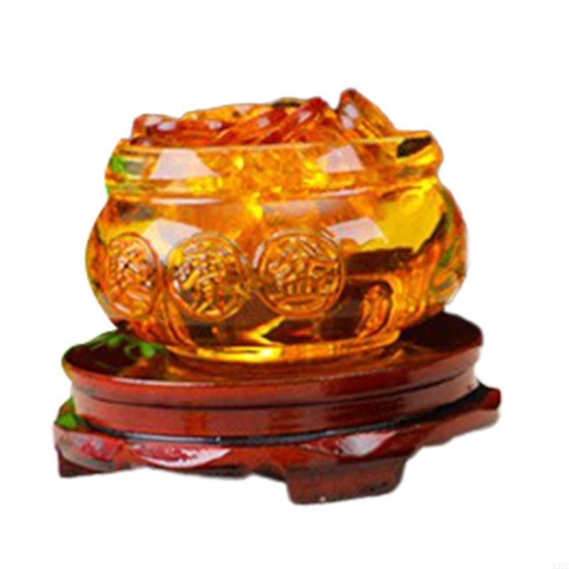 Feng Shui Chinese Crystal Golden Ingots Glass Yellow Wealth Treasure Bowl Statue X3UC