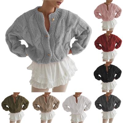 Women's Round Neck Long Sleeve Cable Knit Cardigan Solid Color Loose Knit Cardigan Sweater Jacket