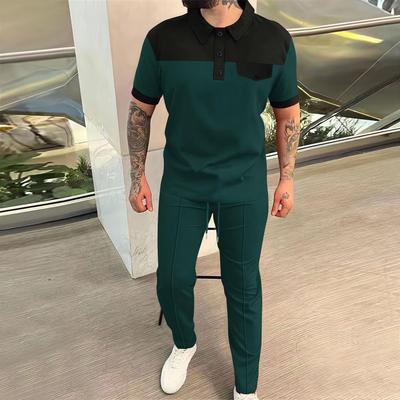 2025 Men's Waffle Colorblock Patchwork Turn-Down Collar Button Shirt & Long Pants Set