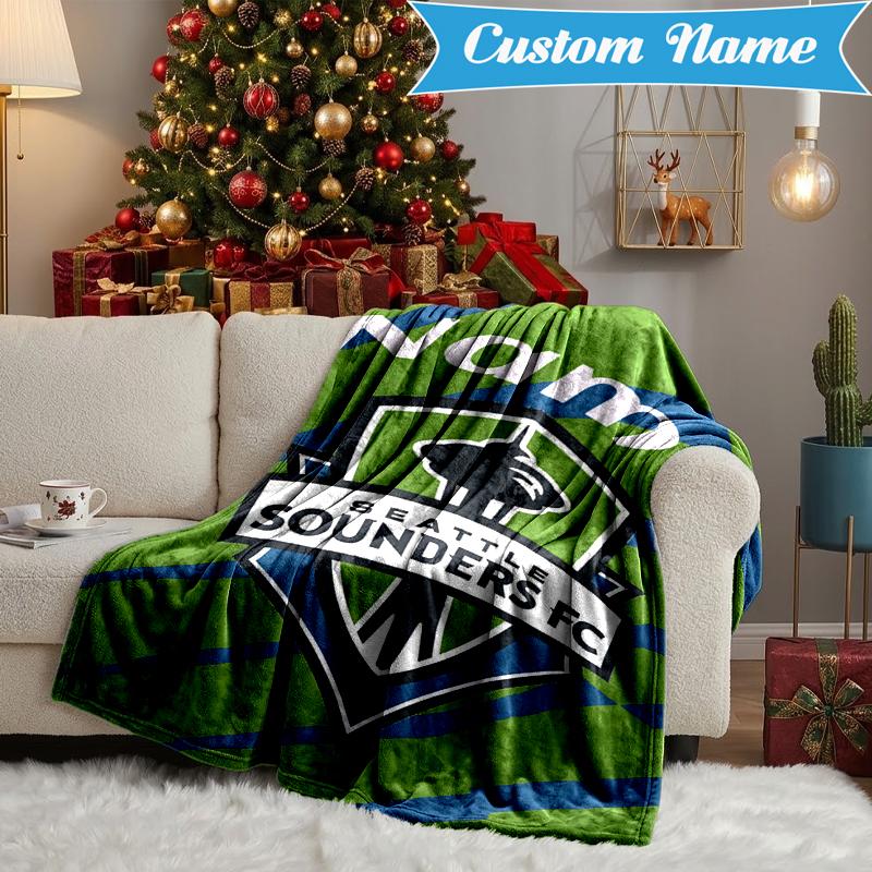 Custom Name Sounders FC Crest Blanket Lightweight Ideal Bedding Blanket Perfect for Travel, Camping, Living Rooms, Sofas, Christmas Gift